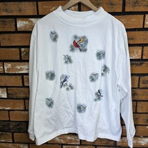 Vintage 90s Artisans White XL Grannycore Screenprint Bird Nature Made In USA